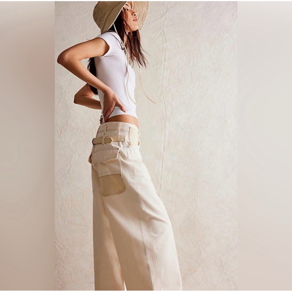 Free People We The Free Waterfalls Baggy Wide Leg Pants 30 Cream Utility Y2K - Picture 4 of 16